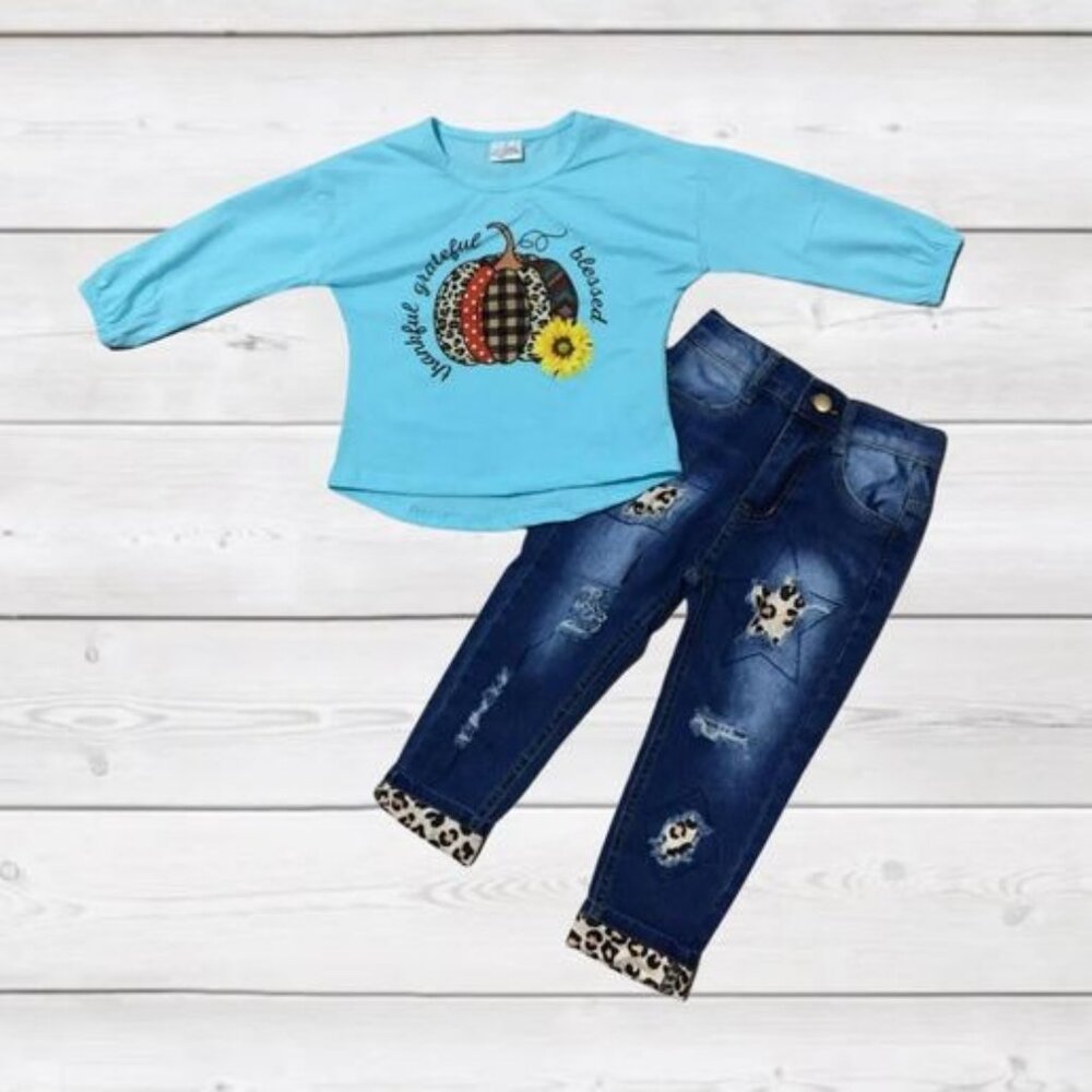 Thankful, Grateful, Blessed Top w/Denim Pants Set 2T